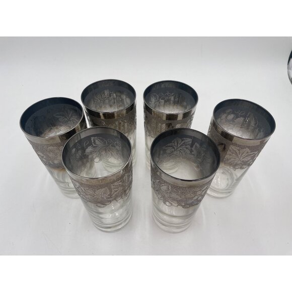 Vintage Silver-Trimmed Ombre Floral Highball Glasses Set Of 6 1950’s Set Of 7 Do - Picture 1 of 5
